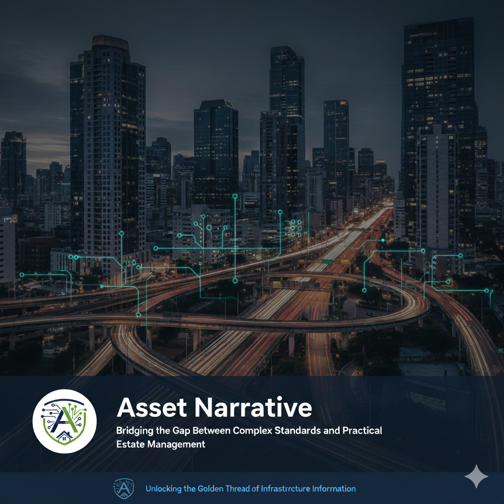 A wide-angle, professional view of modern UK infrastructure and built assets, overlaid with digital data nodes and architectural lines to symbolize Asset Narrative's focus on information management.